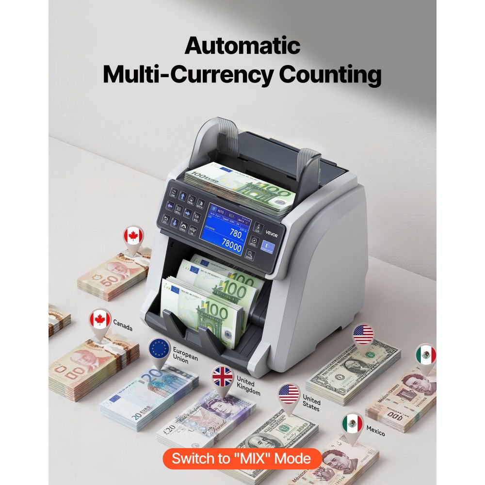 VEVOR Contadora de Billetes con Detección de Billetes Falsos, Máquina Contadora de Dinero Compatible con Múltiples Divisas CIS/UV/MG/IR/DD/DBL/HLF/CHN, con Pantalla a Color y Externa, Conteo Rápido
