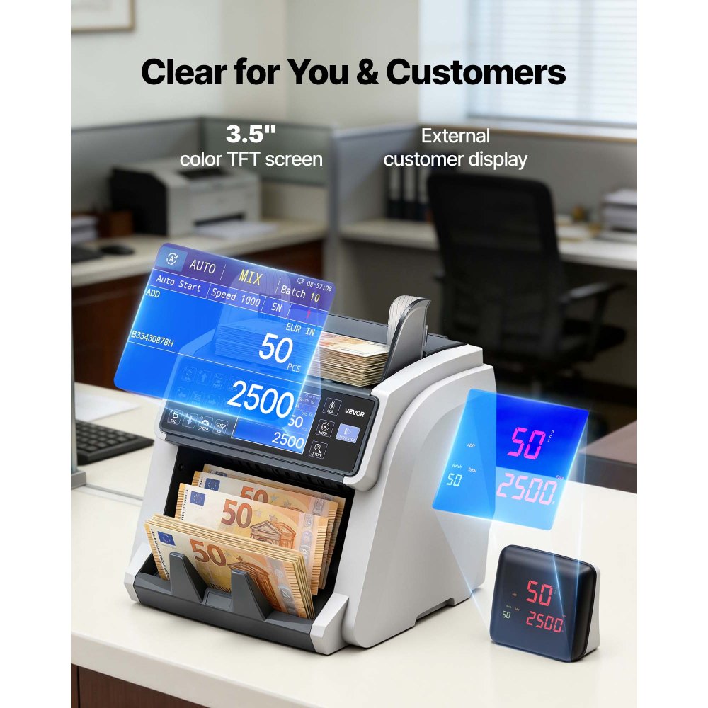 VEVOR Contadora de Billetes con Detección de Billetes Falsos, Máquina Contadora de Dinero Compatible con Múltiples Divisas CIS/UV/MG/IR/DD/DBL/HLF/CHN, con Pantalla a Color y Externa, Conteo Rápido