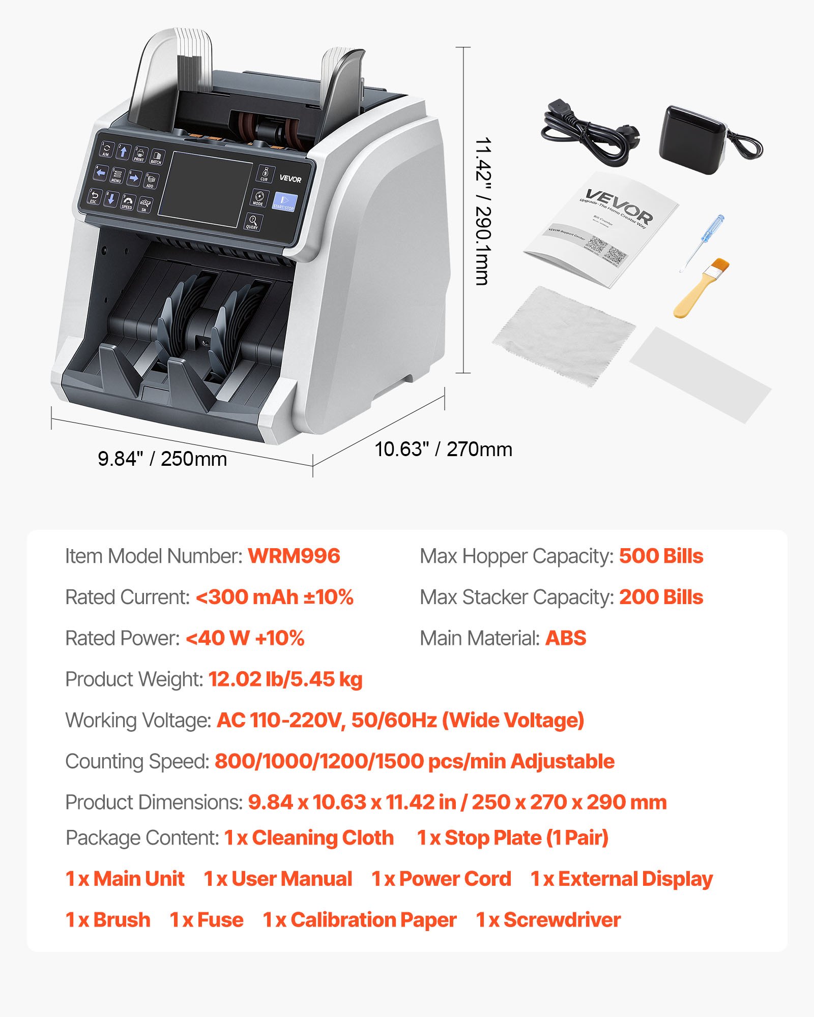 VEVOR Contadora de Billetes con Detección de Billetes Falsos, Máquina Contadora de Dinero Compatible con Múltiples Divisas CIS/UV/MG/IR/DD/DBL/HLF/CHN, con Pantalla a Color y Externa, Conteo Rápido