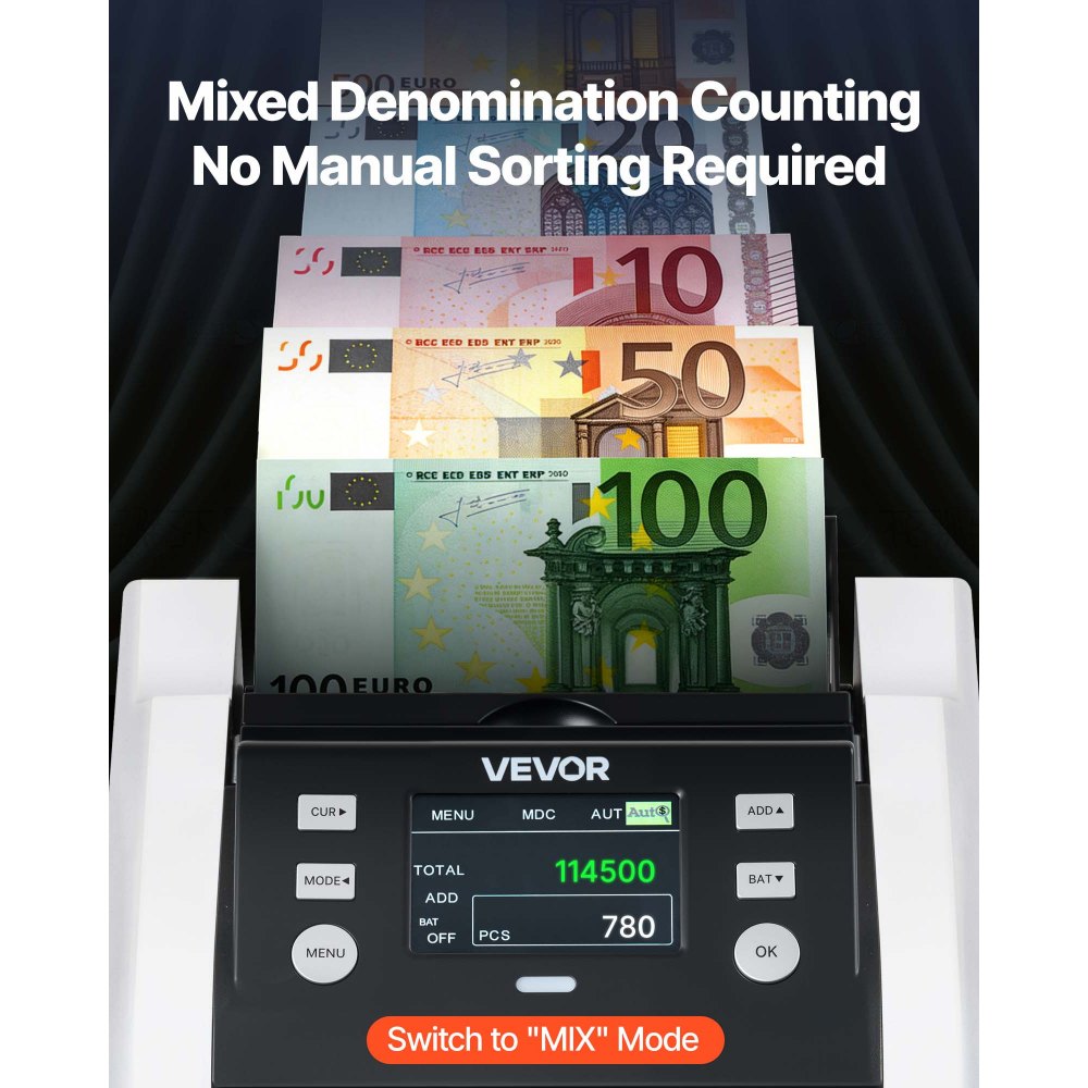 VEVOR Contadora de Billetes, 1200 Billetes por Minuto, Máquina de Contar Dinero con Pantalla LCD, Detección de Falsos, Función de Totalización, Denominación Mixta, para Tiendas Bancos Restaurantes