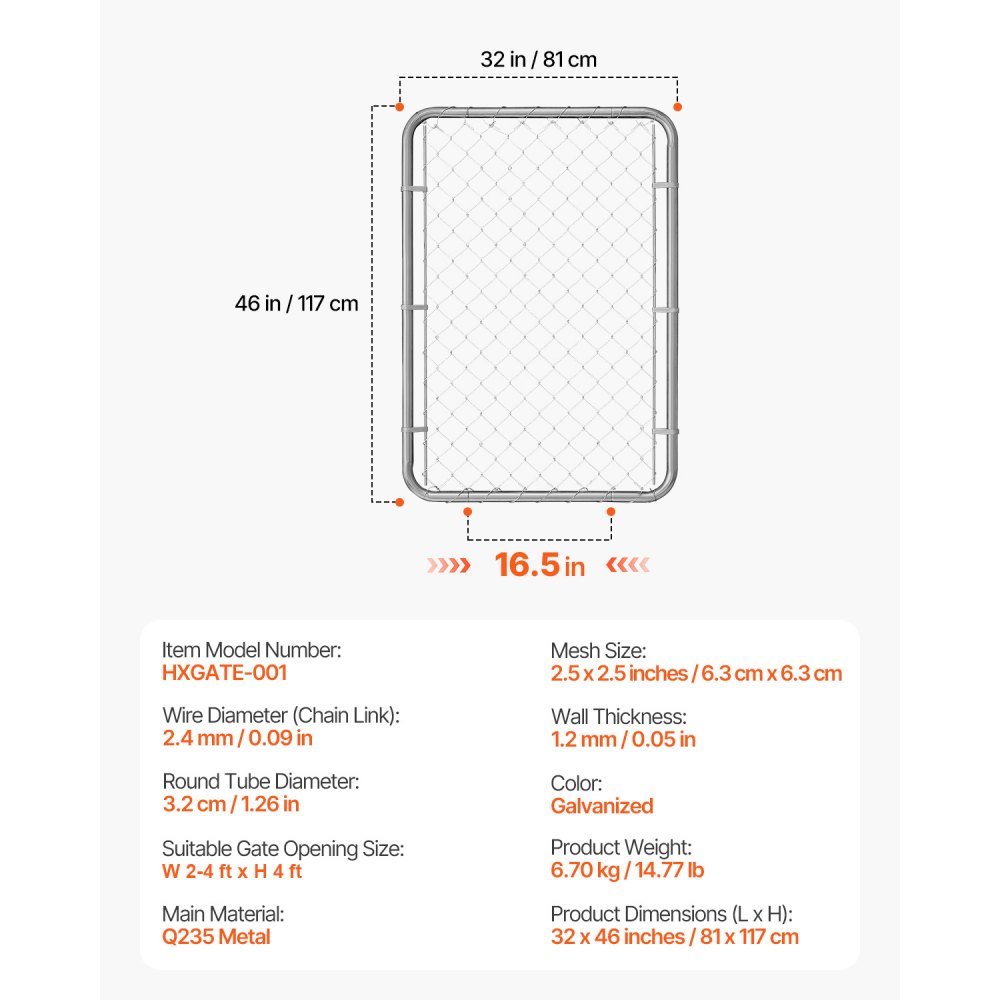 VEVOR Puerta de Valla de Eslabones de Cadena 81x117cm Panel de Valla de Eslabones de Cadena Ajustable Puerta de Valla Galvanizada Resistente a la Oxidación Para Abertura de Valla, Poste No Incluido