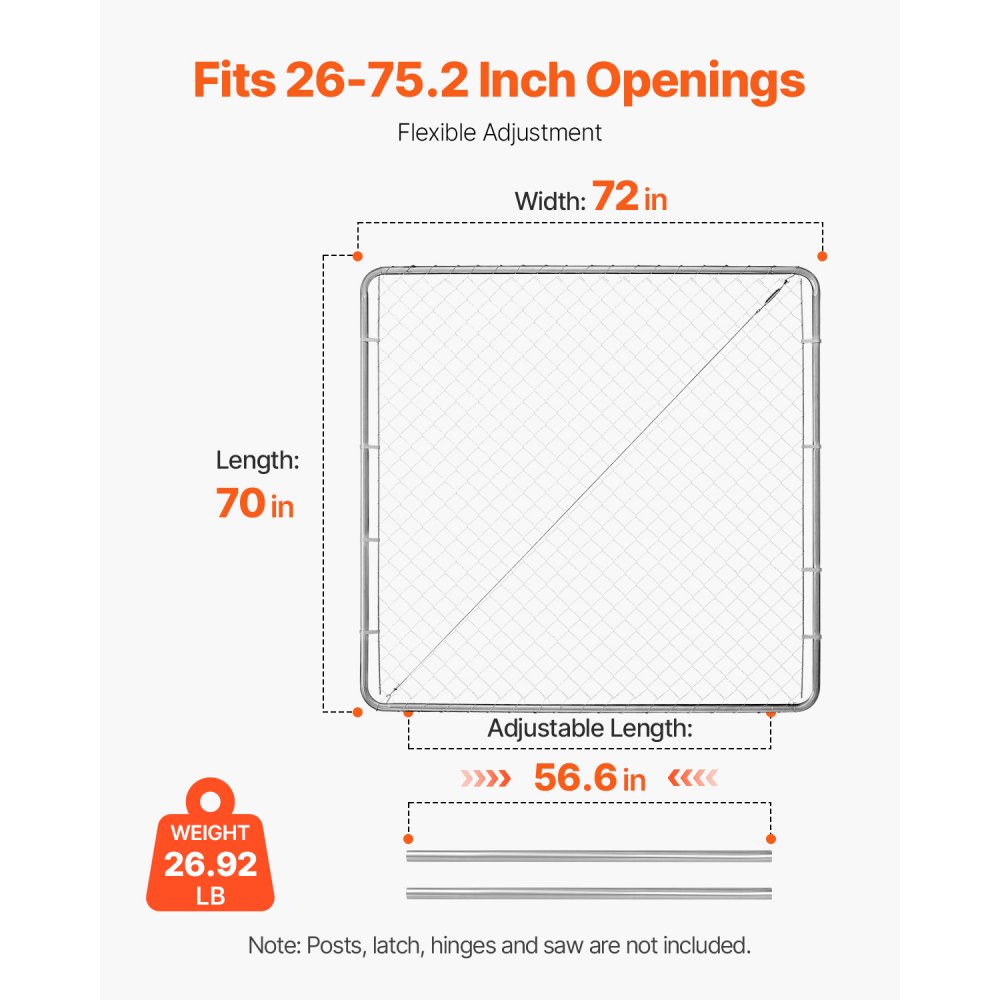 VEVOR Puerta de Valla de Eslabones de Cadena 183x178 cm Panel de Valla de Eslabones de Cadena Ajustable Puerta de Valla Galvanizada Resistente a la Oxidación para Abertura de Valla, Poste No Incluido