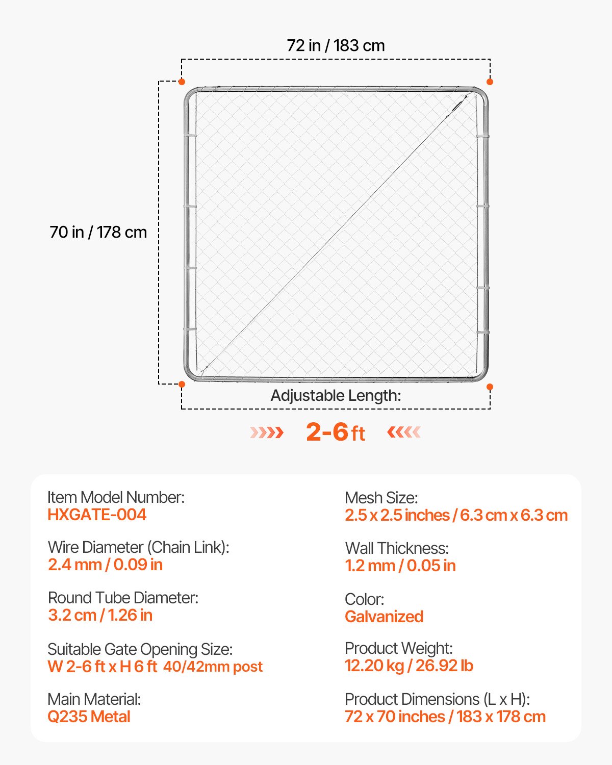 VEVOR Puerta de Valla de Eslabones de Cadena 183x178 cm Panel de Valla de Eslabones de Cadena Ajustable Puerta de Valla Galvanizada Resistente a la Oxidación para Abertura de Valla, Poste No Incluido