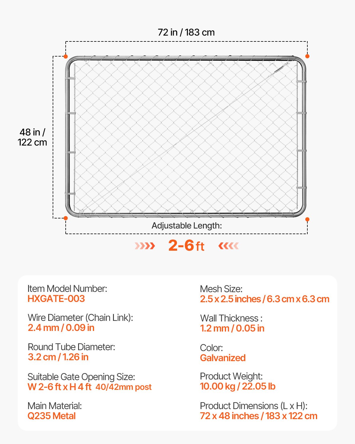 VEVOR Puerta de Valla de Eslabones de Cadena 183x122cm Panel de Valla de Eslabones de Cadena Ajustable Puerta de Valla Galvanizada Resistente a la Oxidación para Abertura de Valla, Poste No Incluido