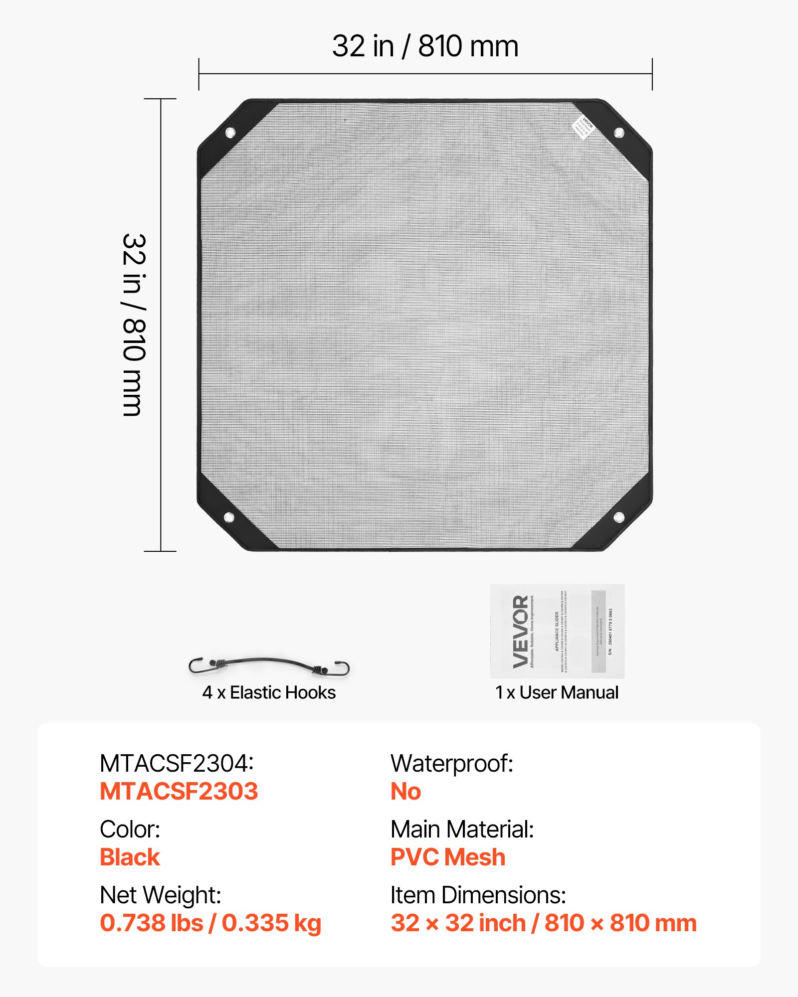 VEVOR Funda Protectora para Aire Acondicionado Exterior 810 x 810 mm, Malla de PVC con Ganchos Elásticos, Resistente al Desgarro, para Todas las Estaciones, Color Negro, No Resistente al Agua