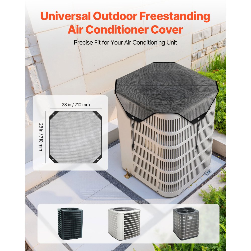 VEVOR Funda Integral de Malla para Aire Acondicionado de Exterior 710 x 710 mm, PVC, con Ganchos Elásticos, Resistente al Desgarro, para Todas las Estaciones, Diseño Fácil de Usar, Color Negro