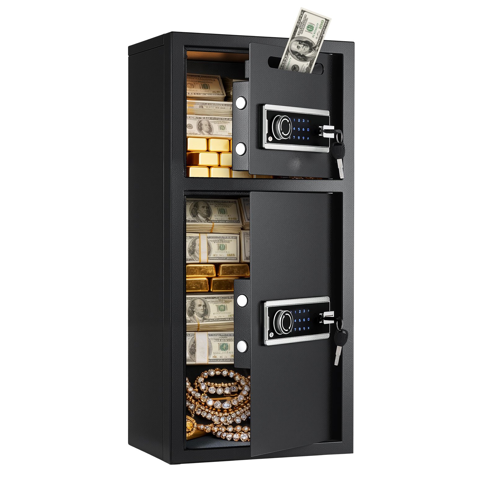 VEVOR Caja Fuerte para Hogar de Acero con 2 Puertas, Caja de Seguridad 350 x 348 x 775 mm, Cerradura con Llave y Contraseña, Sistema de Alarma Doble, para Proteger Dinero, Documentos, Joyas, Negro (requiere montaje)