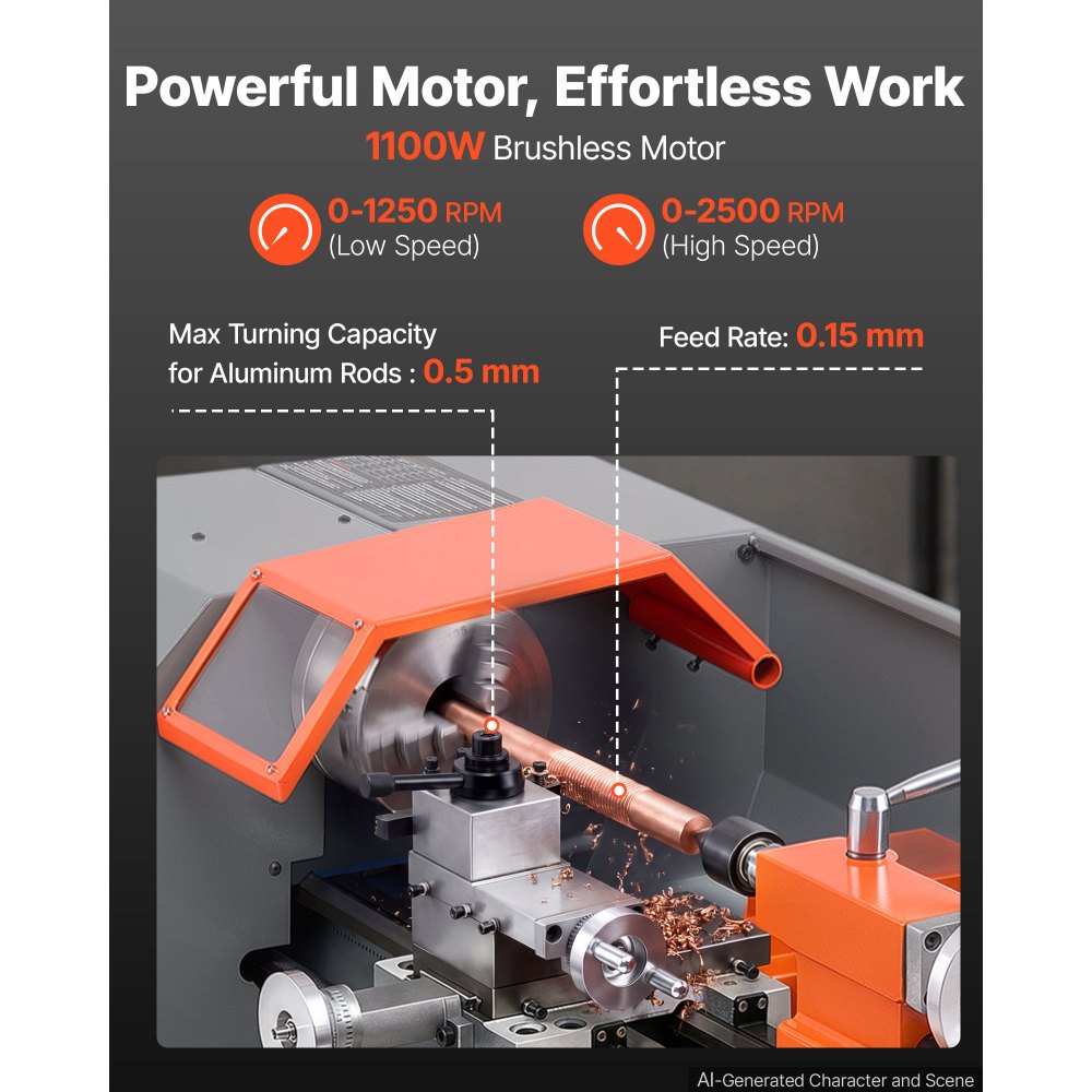 VEVOR Torno de Metal 1100 W, 220x400 mm, Velocidad Variable hasta 2500 RPM, para Torneado de Metales Totalmente Automático, Portaherramientas de Cambio Rápido, Accionamiento Electrónico del Husillo