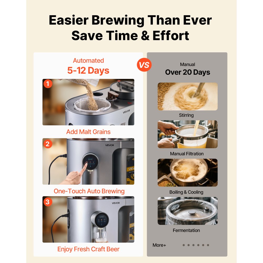 VEVOR Máquina Automática para Elaborar Cerveza Casera de 13 L, 1500 W, con Caldera de Puré y Depósito Interior de Acero Inoxidable 304 con Control de Temperatura y Presión, 600 x 310 x 640 mm