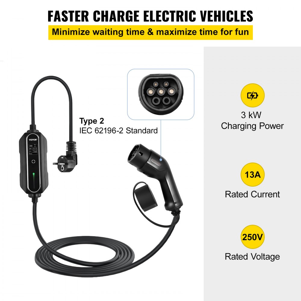 VEVOR Cargador Portátil para Vehículos Eléctricos de 13A Tipo 2 Cargador Home EV 3 Kilovatios Cargador de Coche Eléctrico con la Mayoría de los Coches Eléctricos, que Cumplen con la Norma IEC 62196-2