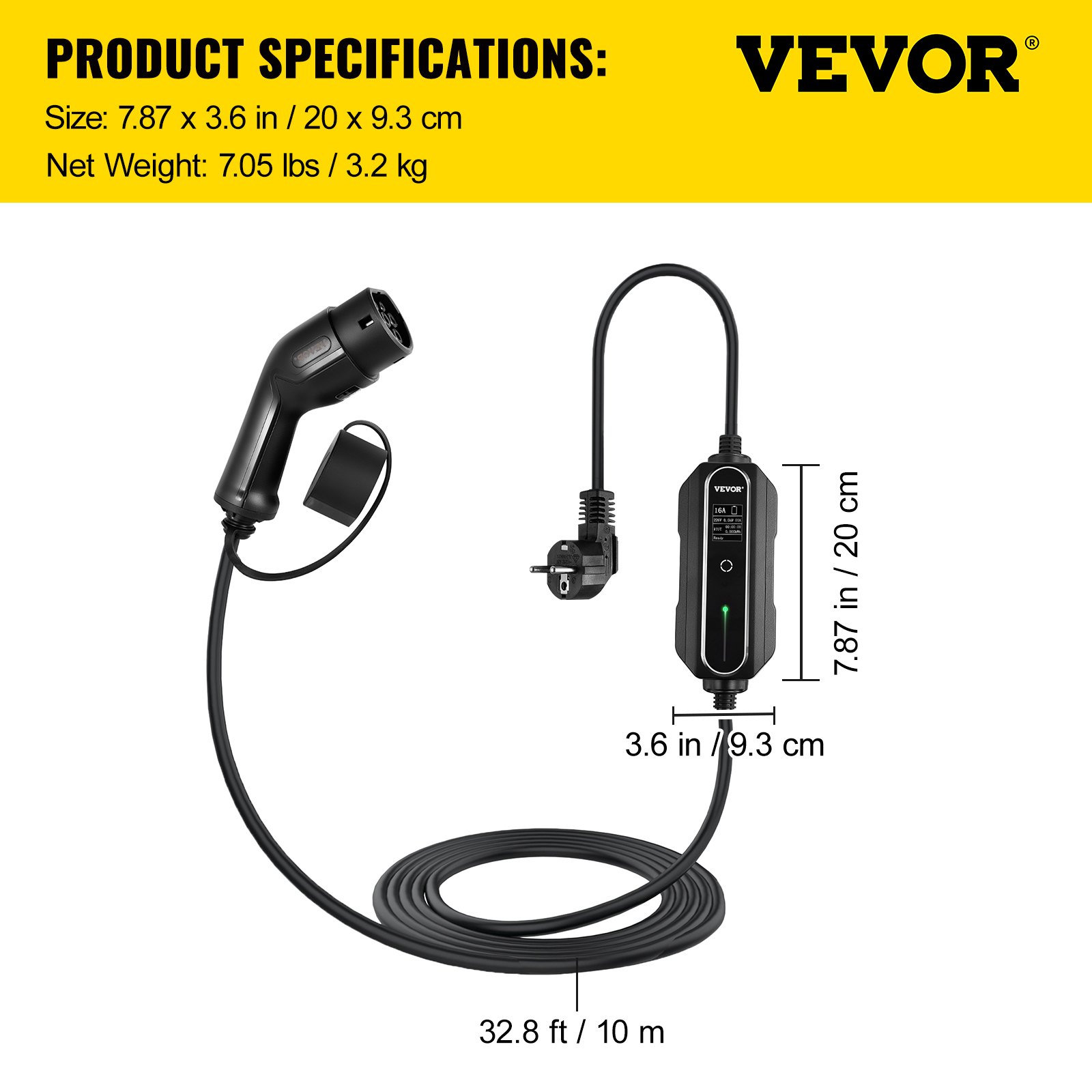 VEVOR Cargador Portátil para Vehículos Eléctricos de 13A Tipo 2 Cargador Home EV 3 Kilovatios Cargador de Coche Eléctrico con la Mayoría de los Coches Eléctricos, que Cumplen con la Norma IEC 62196-2
