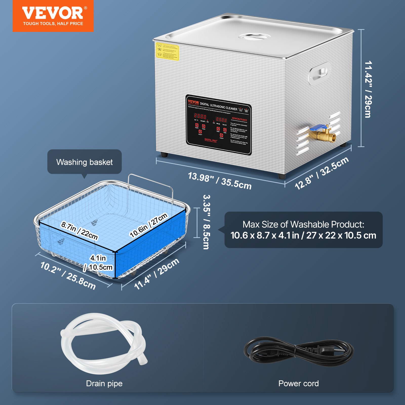 VEVOR Limpiador Ultrasónico 15 L con Temporizador y Calentador 360 W Limpiador Ultrasónico Digital 40 kHz con Cesta para Reloj Gafas Soporte de Joyería Piezas Industriales Herramientas Plata