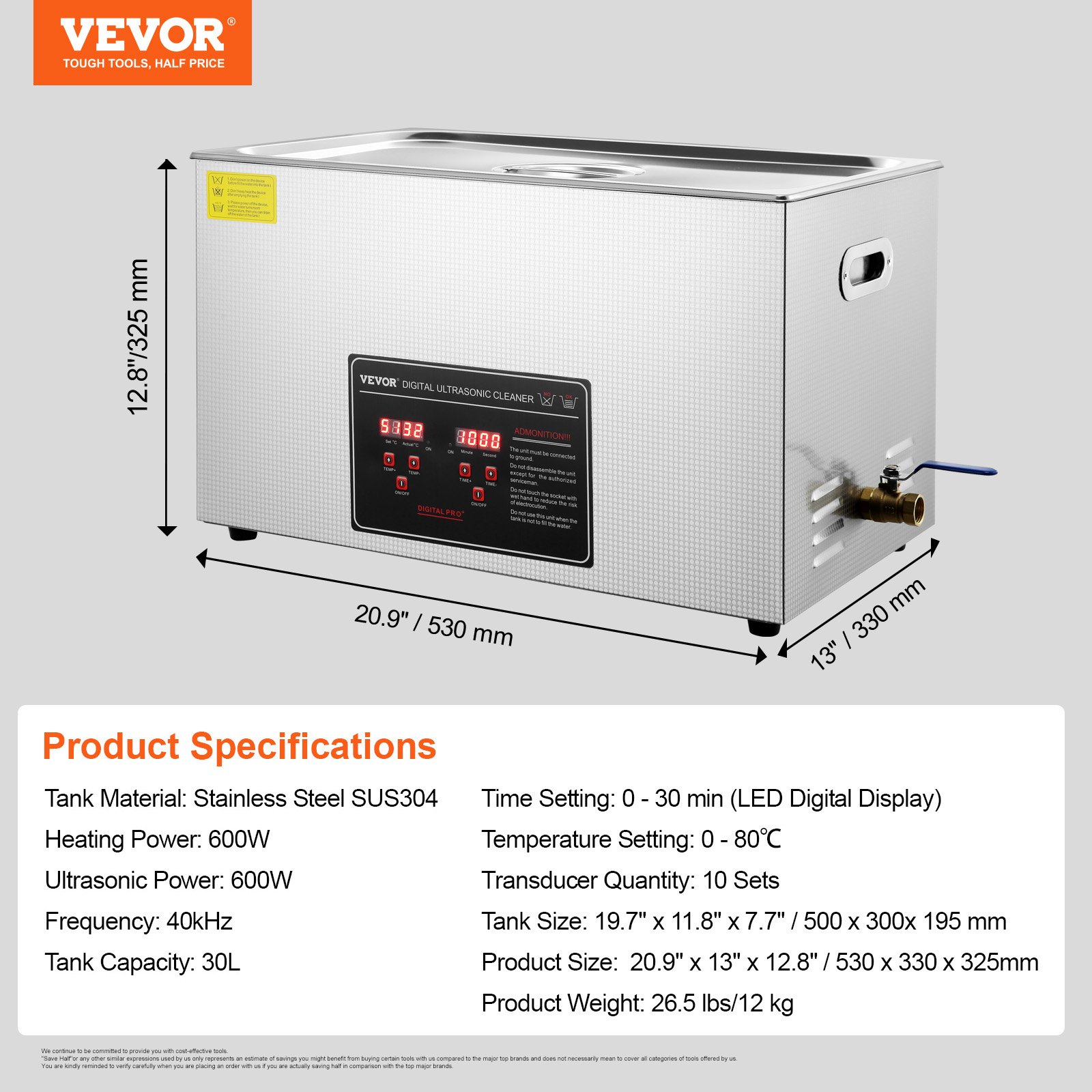 VEVOR Limpiador Ultrasónico 30L Bandeja Ultrasónica Digital de Acero Inoxidable con Calefacción Tiempo y Temperatura Ajustable Dispositivo de Limpieza Ultrasónica para Joyería Gafas Relojes