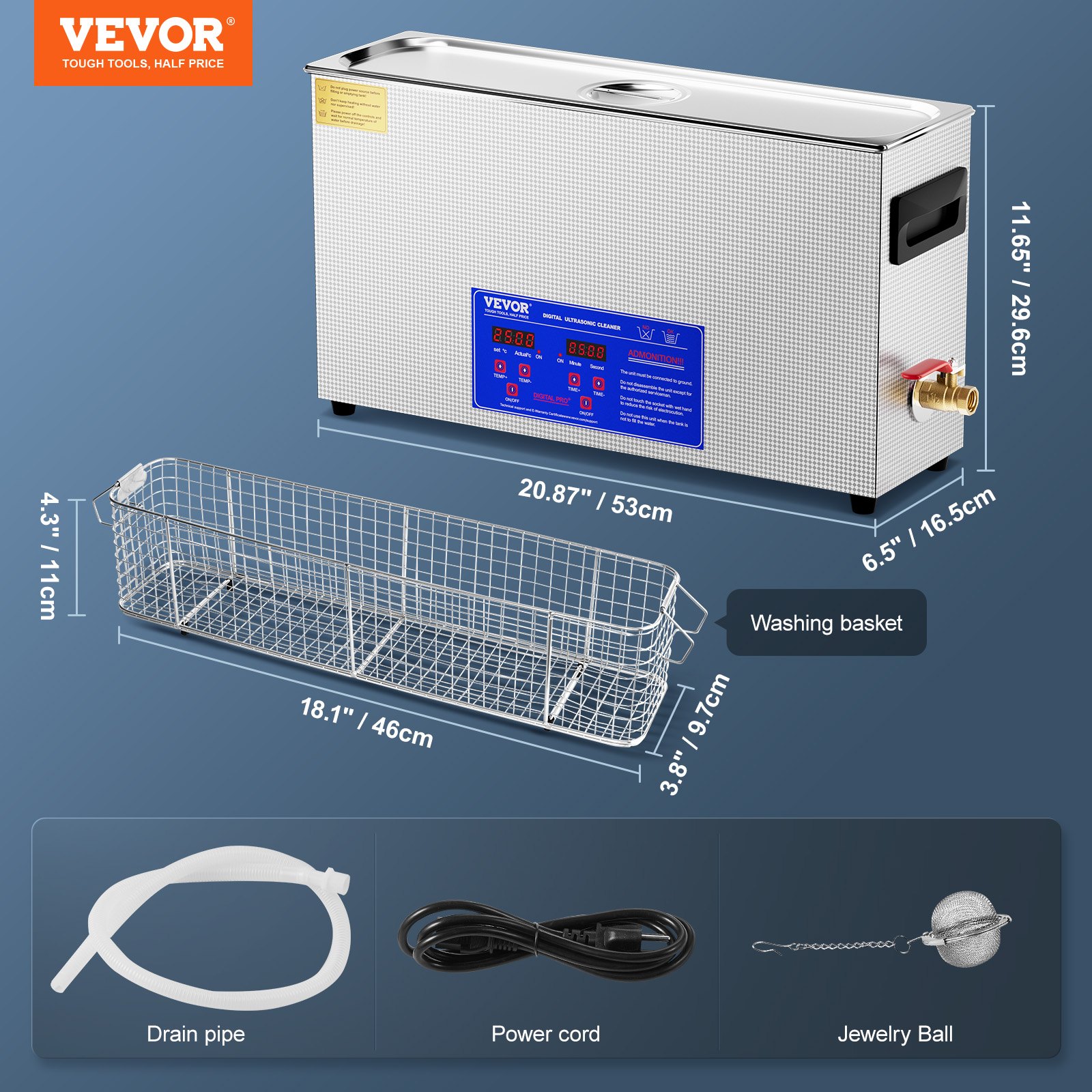 VEVOR Limpiador Ultrasónico 10 L Máquina de Limpieza Ultrasónica Profesional de 300 W con Temporizador y Calentador 40 kHz con Cesta para Piezas de Armas, Balas, Suministros Militares