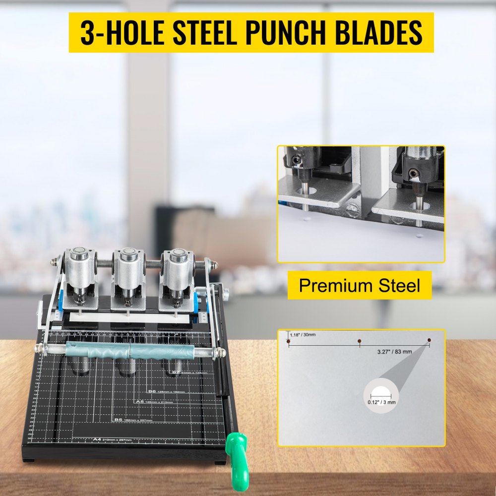 VEVOR Perforadora de Papel 3 Orificios Perforadora de Gruesos y Esfuerzo Capacidad de 300 Hojas Diámetro 3 mm Perforadora de Agujeros 38,5x61x25cm con Cuerpo de Metal y Taladro de Acero para Oficinas