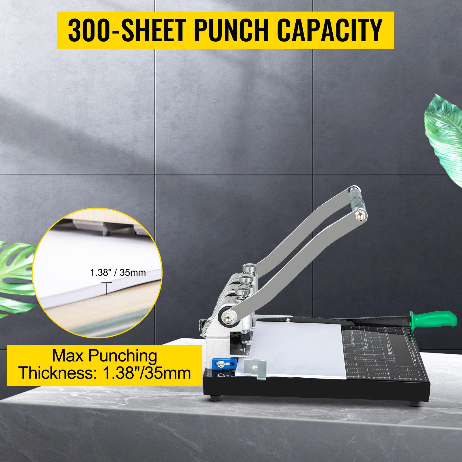 VEVOR Perforadora de Papel 3 Orificios Perforadora de Gruesos y Esfuerzo Capacidad de 300 Hojas Diámetro 3 mm Perforadora de Agujeros 38,5x61x25cm con Cuerpo de Metal y Taladro de Acero para Oficinas