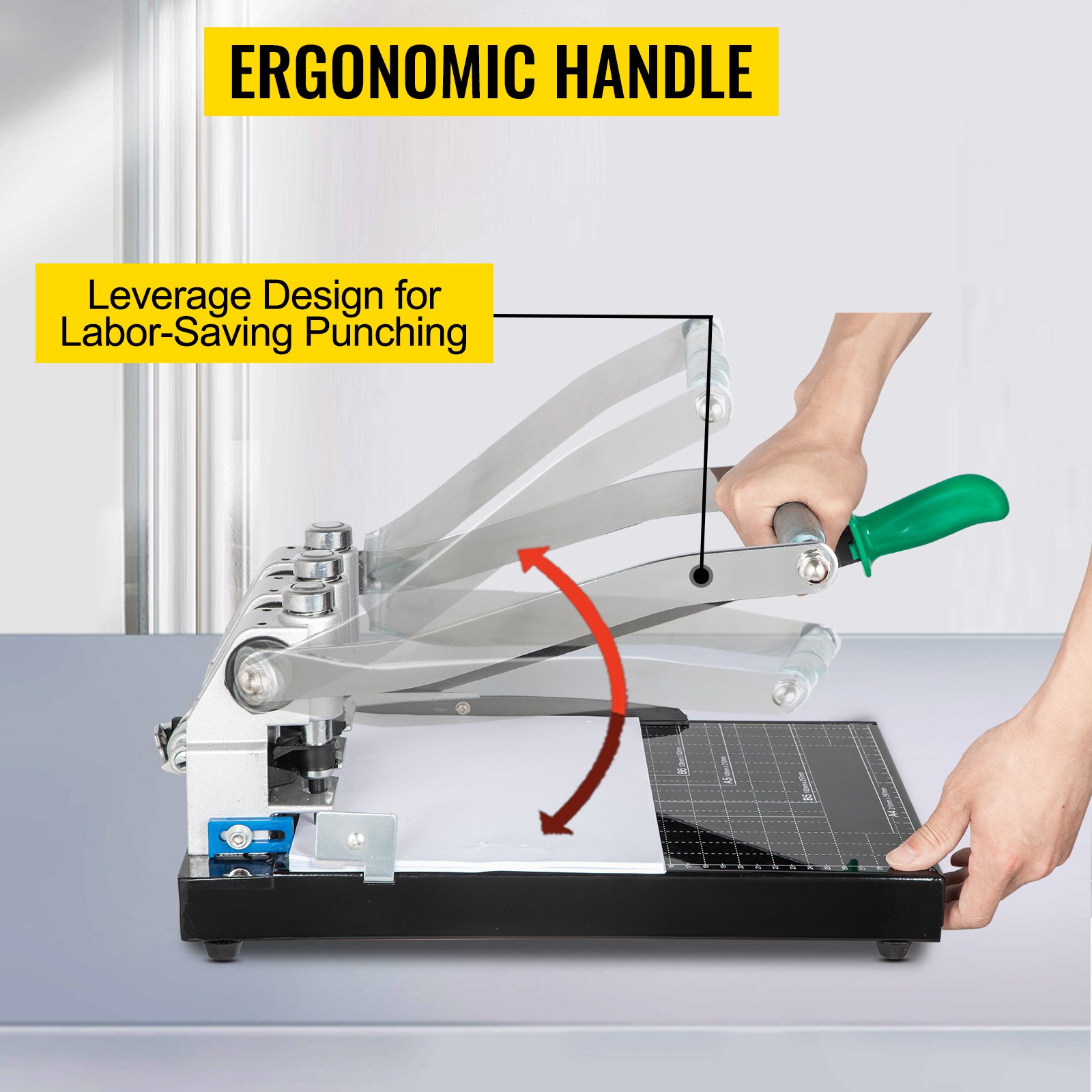 VEVOR Perforadora de Papel 3 Orificios Perforadora de Gruesos y Esfuerzo Capacidad de 300 Hojas Diámetro 3 mm Perforadora de Agujeros 38,5x61x25cm con Cuerpo de Metal y Taladro de Acero para Oficinas