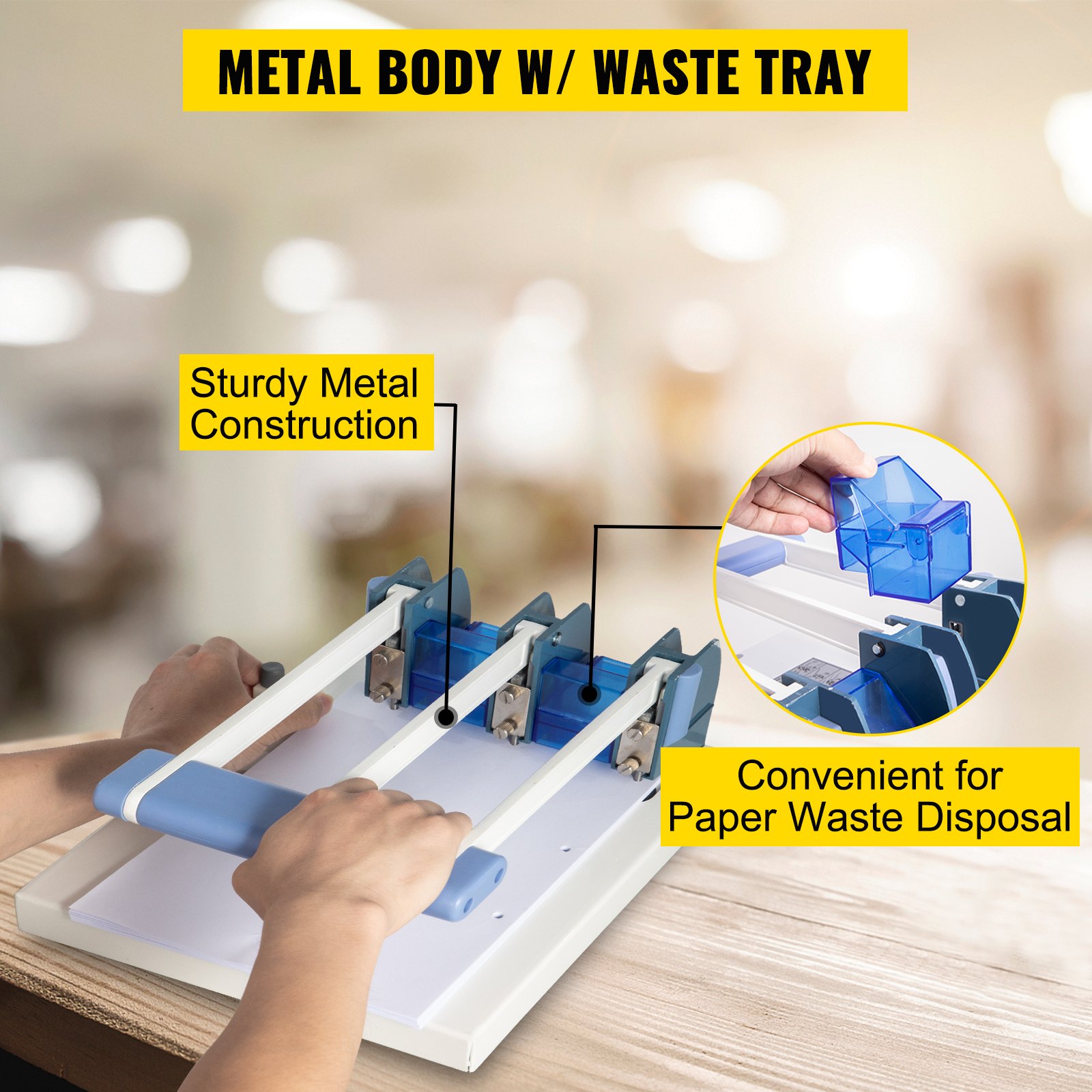 VEVOR Perforadora de Papel 3 Orificios Perforadora de Gruesos y Esfuerzo Capacidad de 150 Hojas Diámetro 5 mm Perforadora de Agujero 28x34x40 cm con Cuerpo de Metal y Taladro de Acero para Oficinas