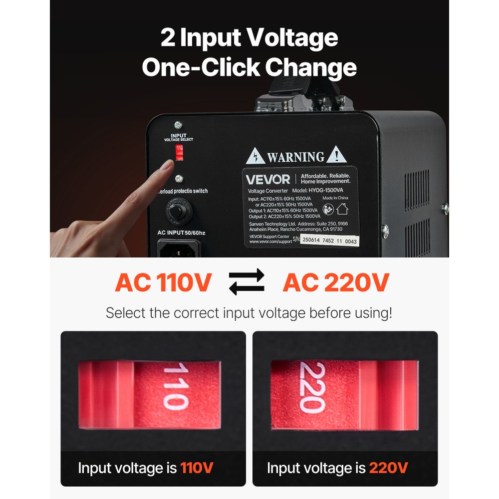 VEVOR Convertidor de Voltaje, 1500 VA, Transformador Elevador/Reductor, Convierte de 110 V a 220 V y de 220 V a 110 V, con Tomas de Corriente de EE. UU. y UE, Cable de Alimentación y Disyuntor