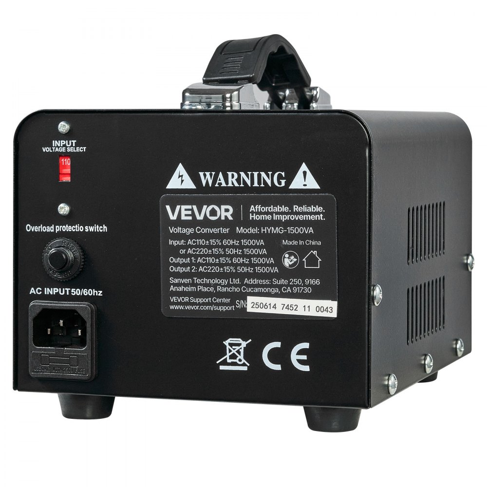 VEVOR Convertidor de Voltaje, 1500 VA, Transformador Elevador/Reductor, Convierte de 110 V a 220 V y de 220 V a 110 V, con Tomas de Corriente de EE. UU. y UE, Cable de Alimentación y Disyuntor
