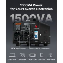 VEVOR Convertidor de Voltaje, 1500 VA, Transformador Elevador/Reductor, Convierte de 110 V a 220 V y de 220 V a 110 V, con Tomas de Corriente de EE. UU. y UE, Cable de Alimentación y Disyuntor