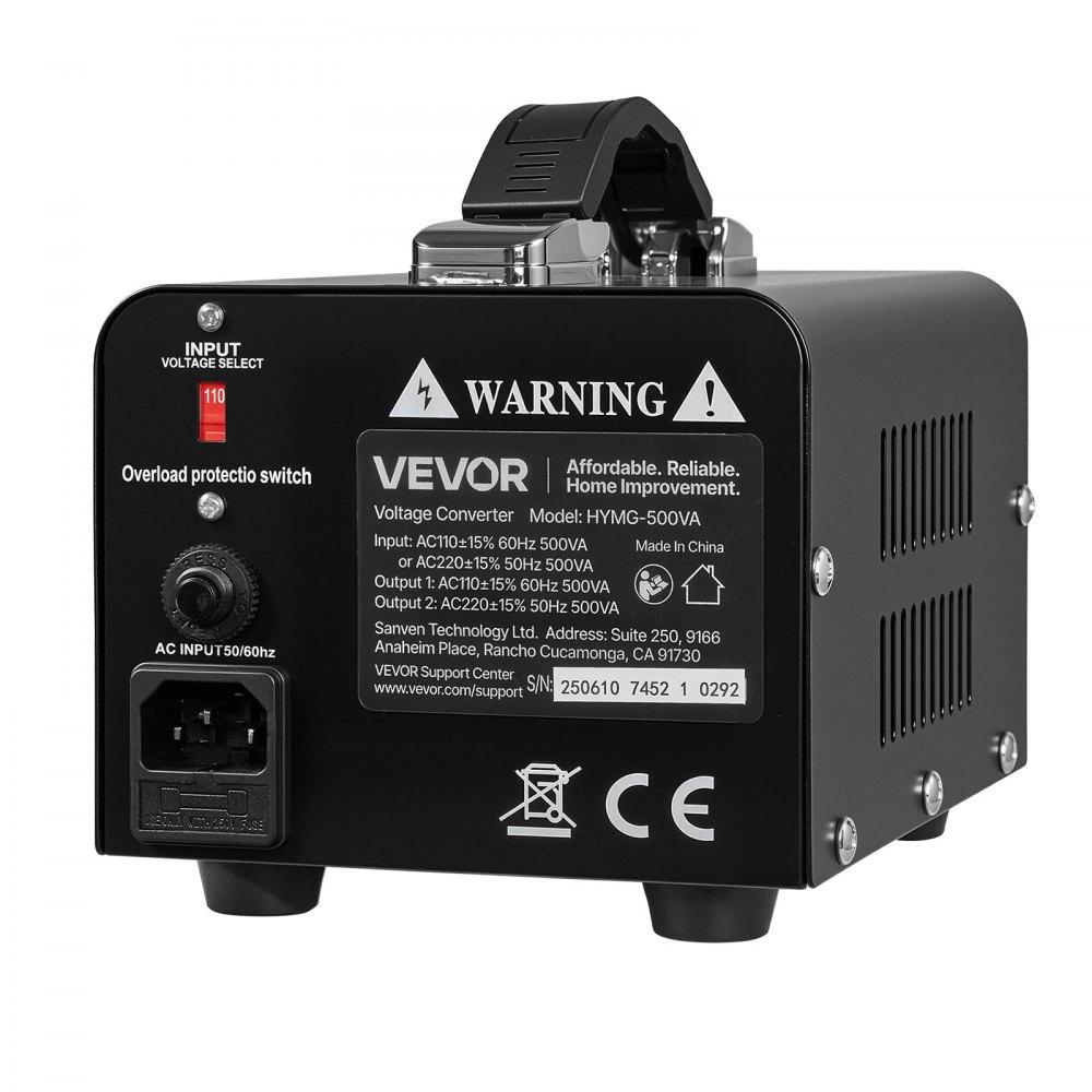 VEVOR Convertidor de Voltaje, 500 VA, Transformador Elevador/Reductor, Convierte de 110 V a 220 V y de 220 V a 110 V, con Tomas de Corriente de EE. UU. y UE, Cable de Alimentación y Disyuntor