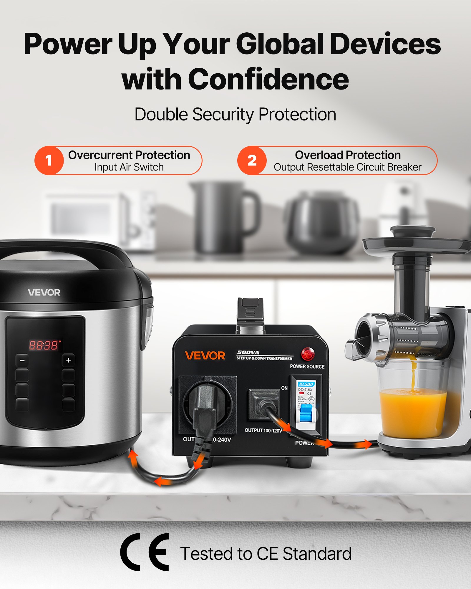 VEVOR Convertidor de Voltaje, 500 VA, Transformador Elevador/Reductor, Convierte de 110 V a 220 V y de 220 V a 110 V, con Tomas de Corriente de EE. UU. y UE, Cable de Alimentación y Disyuntor