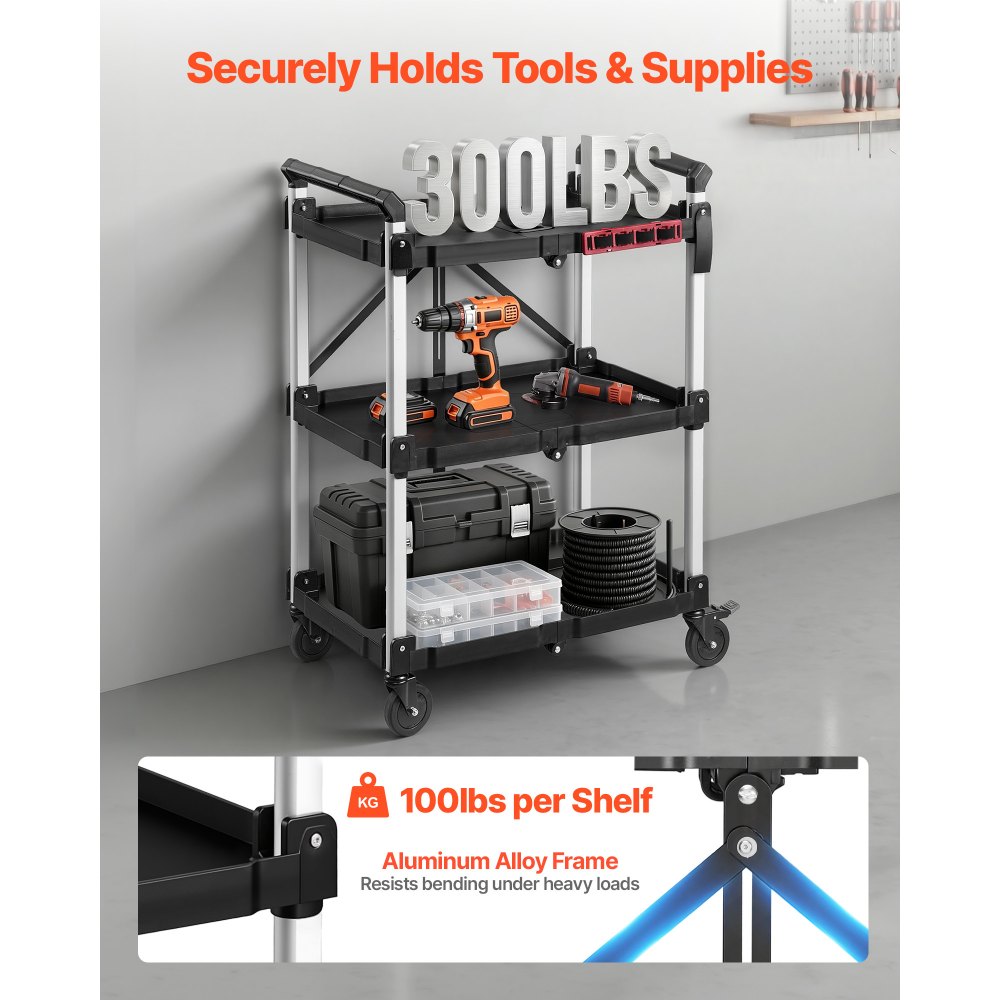 VEVOR Carro de Servicio Plegable Capacidad de 136 kg Estantes de 3 Niveles, Carro Utilitario de Herramientas con Ruedas, Bloqueo, Bandeja, Soporte Lateral, Carrito para Oficina, Patio, Almacén, Garaje