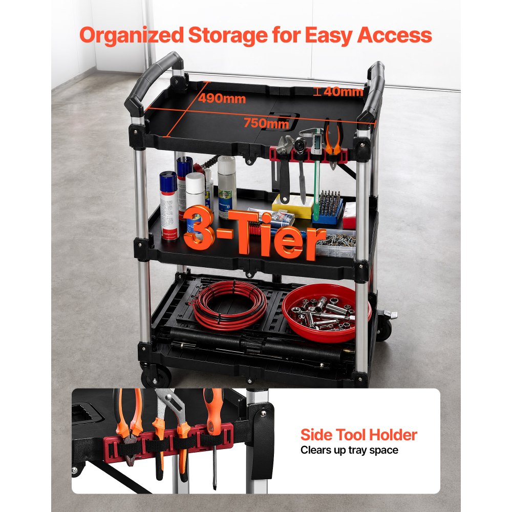 VEVOR Carro de Servicio Plegable Capacidad de 136 kg Estantes de 3 Niveles, Carro Utilitario de Herramientas con Ruedas, Bloqueo, Bandeja, Soporte Lateral, Carrito para Oficina, Patio, Almacén, Garaje