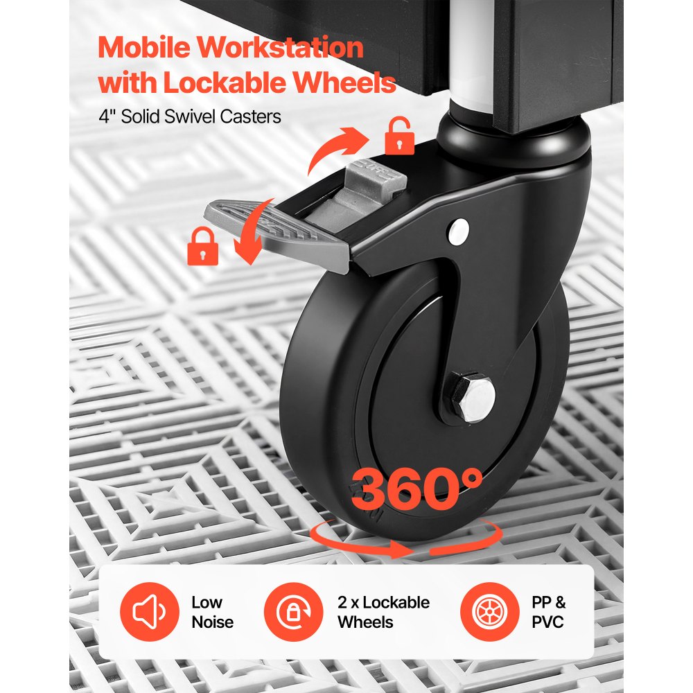 VEVOR Carro de Servicio Plegable Capacidad de 136 kg Estantes de 3 Niveles, Carro Utilitario de Herramientas con Ruedas, Bloqueo, Bandeja, Soporte Lateral, Carrito para Oficina, Patio, Almacén, Garaje