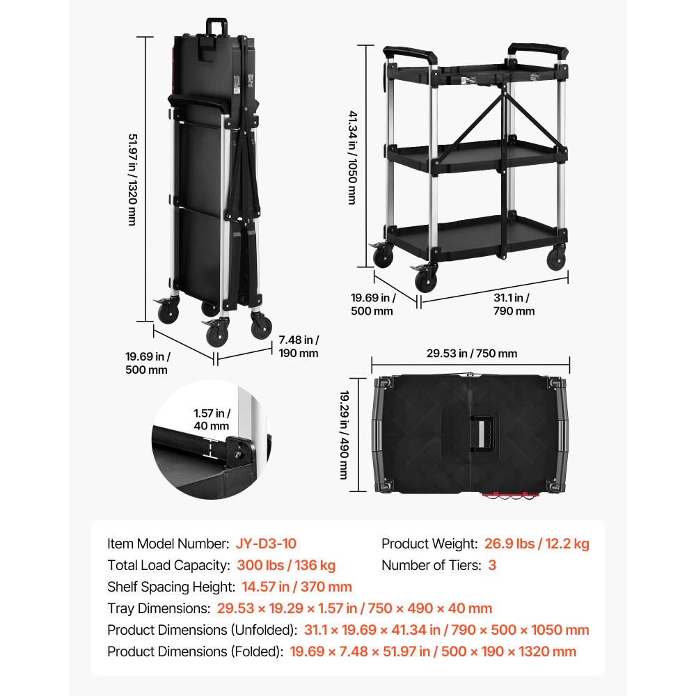 VEVOR Carro de Servicio Plegable Capacidad de 136 kg Estantes de 3 Niveles, Carro Utilitario de Herramientas con Ruedas, Bloqueo, Bandeja, Soporte Lateral, Carrito para Oficina, Patio, Almacén, Garaje