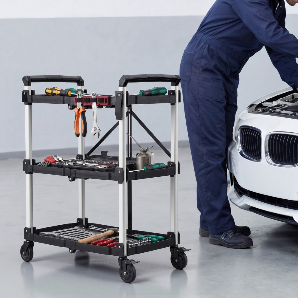 VEVOR Carro de Servicio Plegable Capacidad de 136 kg Estantes de 3 Niveles, Carro Utilitario de Herramientas con Ruedas, Bloqueo, Bandeja, Soporte Lateral, Carrito para Oficina, Patio, Almacén, Garaje