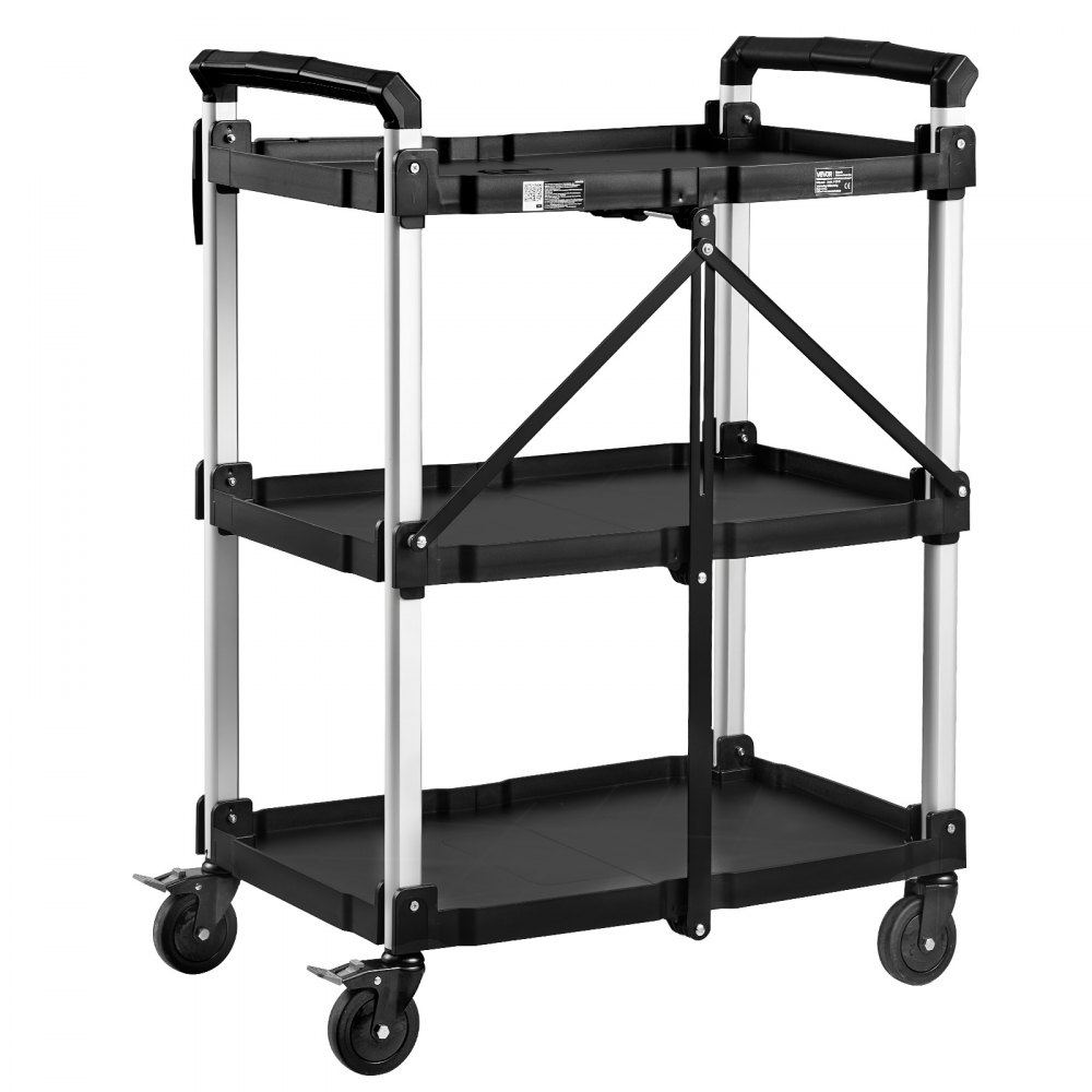 VEVOR Carro de Servicio Plegable Capacidad de 136 kg Estantes de 3 Niveles, Carro Utilitario de Herramientas con Ruedas, Bloqueo, Bandeja, Soporte Lateral, Carrito para Oficina, Patio, Almacén, Garaje