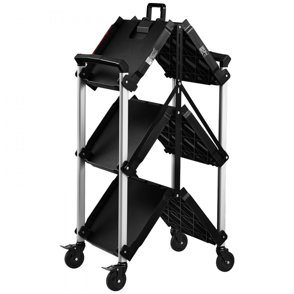 VEVOR Carro de Servicio Plegable Capacidad de 136 kg Estantes de 3 Niveles, Carro Utilitario de Herramientas con Ruedas, Bloqueo, Bandeja, Soporte Lateral, Carrito para Oficina, Patio, Almacén, Garaje