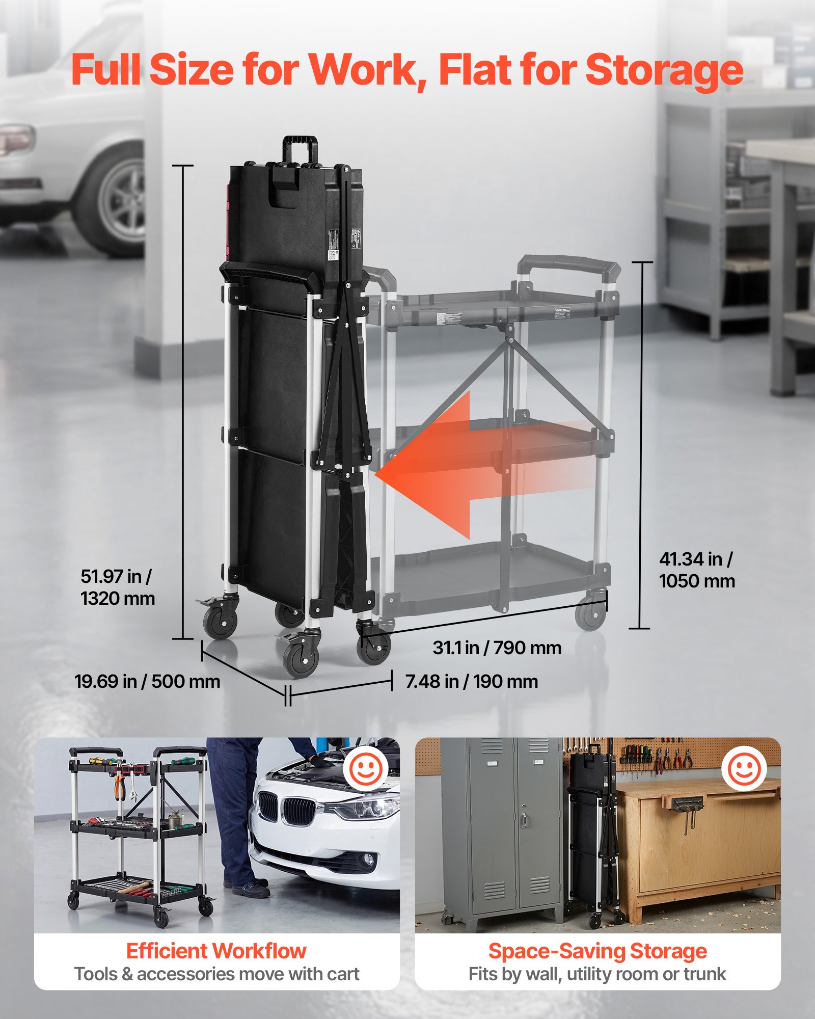 VEVOR Carro de Servicio Plegable Capacidad de 136 kg Estantes de 3 Niveles, Carro Utilitario de Herramientas con Ruedas, Bloqueo, Bandeja, Soporte Lateral, Carrito para Oficina, Patio, Almacén, Garaje