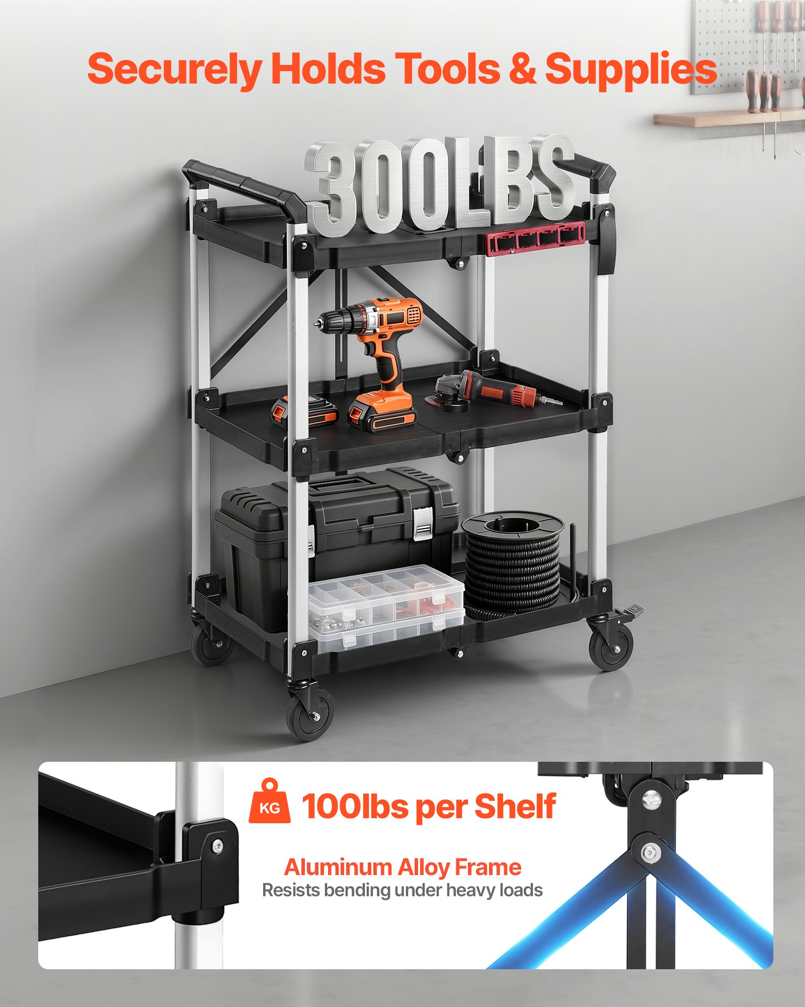 VEVOR Carro de Servicio Plegable Capacidad de 136 kg Estantes de 3 Niveles, Carro Utilitario de Herramientas con Ruedas, Bloqueo, Bandeja, Soporte Lateral, Carrito para Oficina, Patio, Almacén, Garaje