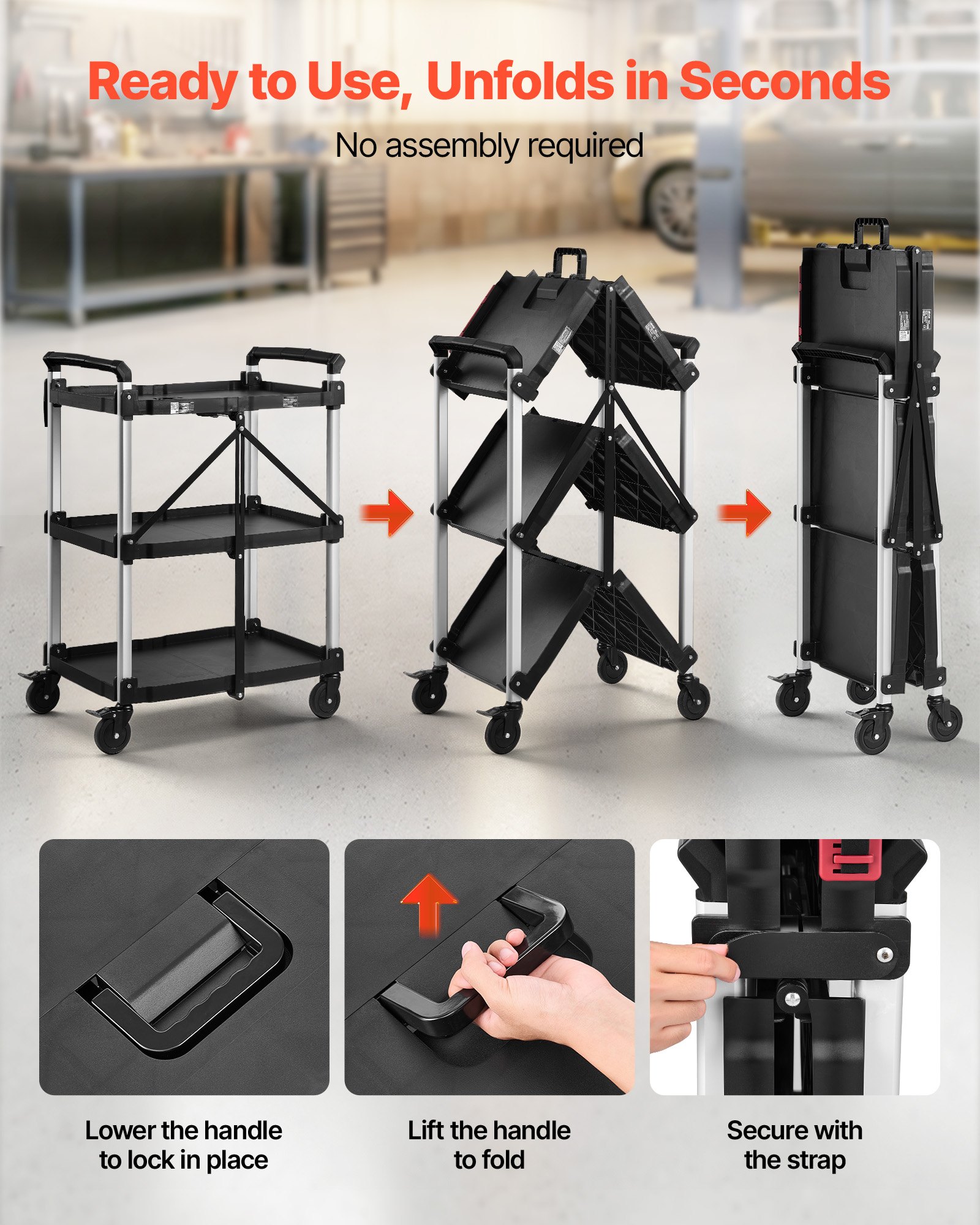 VEVOR Carro de Servicio Plegable Capacidad de 136 kg Estantes de 3 Niveles, Carro Utilitario de Herramientas con Ruedas, Bloqueo, Bandeja, Soporte Lateral, Carrito para Oficina, Patio, Almacén, Garaje