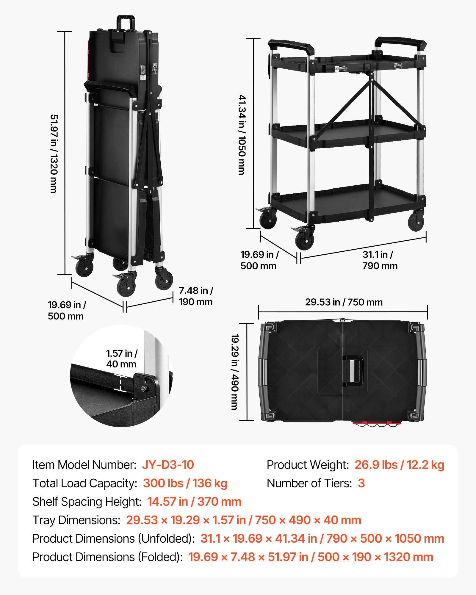 VEVOR Carro de Servicio Plegable Capacidad de 136 kg Estantes de 3 Niveles, Carro Utilitario de Herramientas con Ruedas, Bloqueo, Bandeja, Soporte Lateral, Carrito para Oficina, Patio, Almacén, Garaje