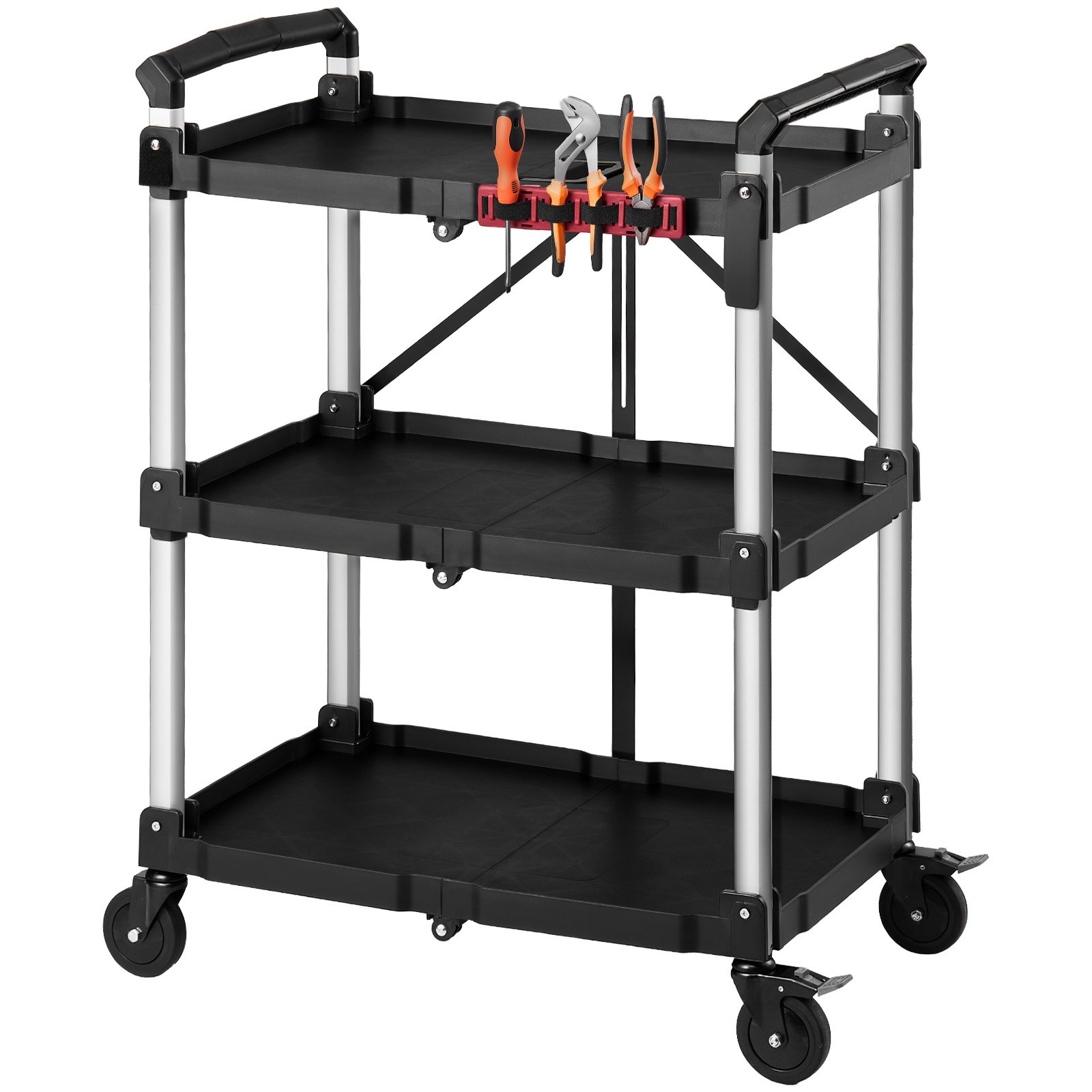 VEVOR Carro de Servicio Plegable Capacidad de 136 kg Estantes de 3 Niveles, Carro Utilitario de Herramientas con Ruedas, Bloqueo, Bandeja, Soporte Lateral, Carrito para Oficina, Patio, Almacén, Garaje