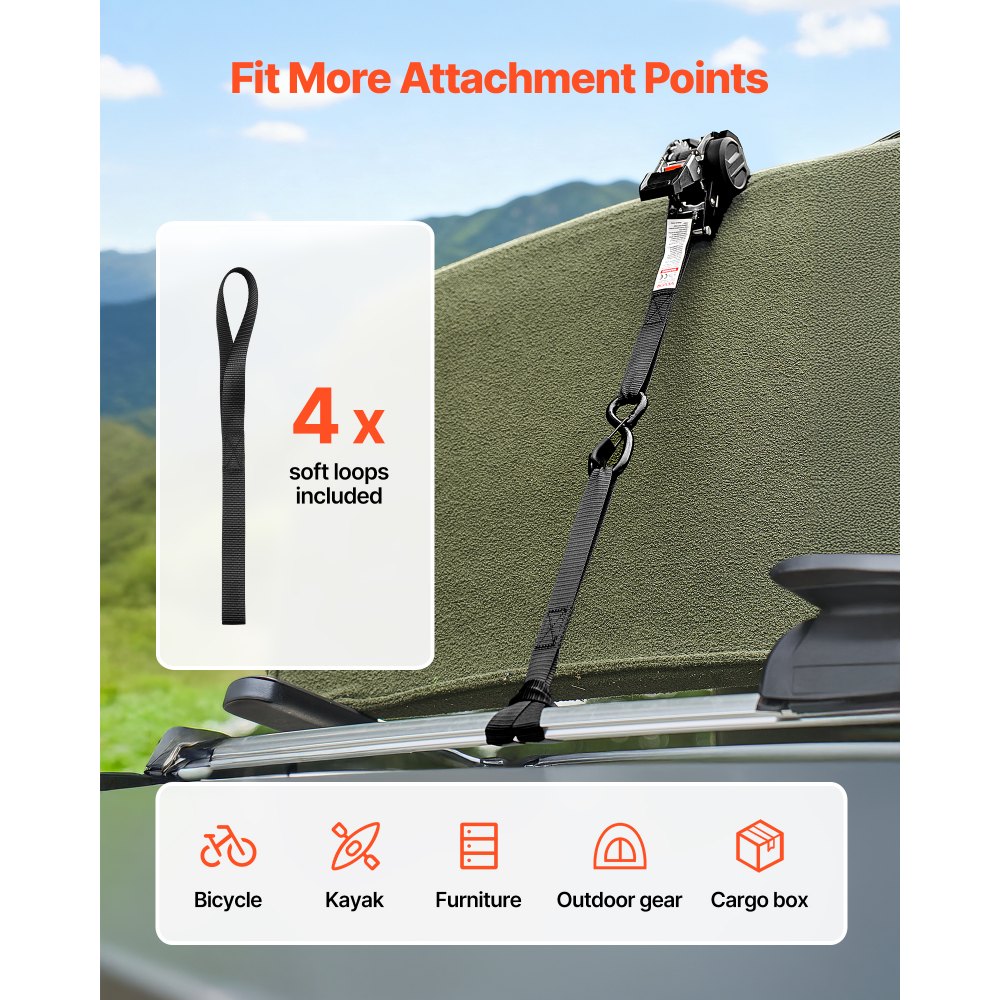 VEVOR Retractable Ratchet Straps, 25.4 mm x 3 m, Tie Down Straps with S Hooks, 544 kg Break Strength, 4 Soft Loops, Tie Down Ratcheting for Moving, Trailers, Motorcycles, Kayaks, Car Roof, 4 Pack