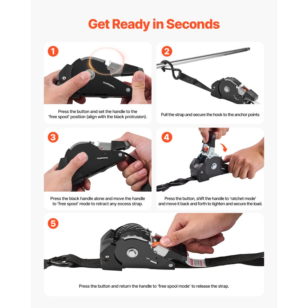 VEVOR Retractable Ratchet Straps, 25.4 mm x 3 m, Tie Down Straps with S Hooks, 544 kg Break Strength, 4 Soft Loops, Tie Down Ratcheting for Moving, Trailers, Motorcycles, Kayaks, Car Roof, 4 Pack