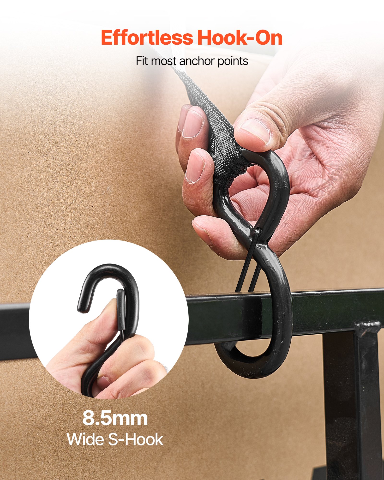 VEVOR Correas de Amarre Retráctiles, 25,4 mm x 4,9 m, Ganchos en S, Resistencia a la Rotura 700 kg, Bolsa de Transporte, para Mudanzas, Remolques, Motocicletas, Kayaks y Techos de Coches. 4 uds