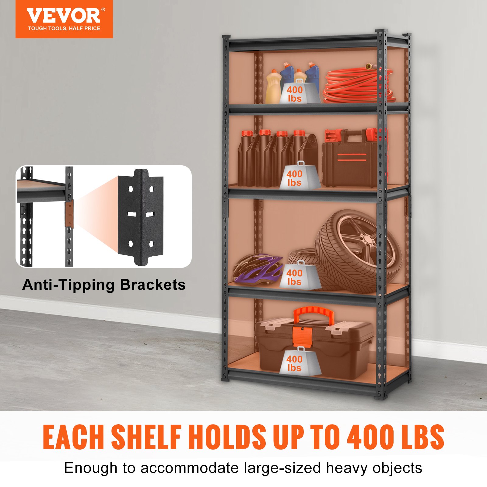 VEVOR Estantería de Almacenamiento Ajustable de 5 Niveles Estantería Metálica de Alta Resistencia para Garaje 907,2 kg 75x30x152 cm Estantería de Almacenamiento para Cocina Taller Sótano Baño Lavadero