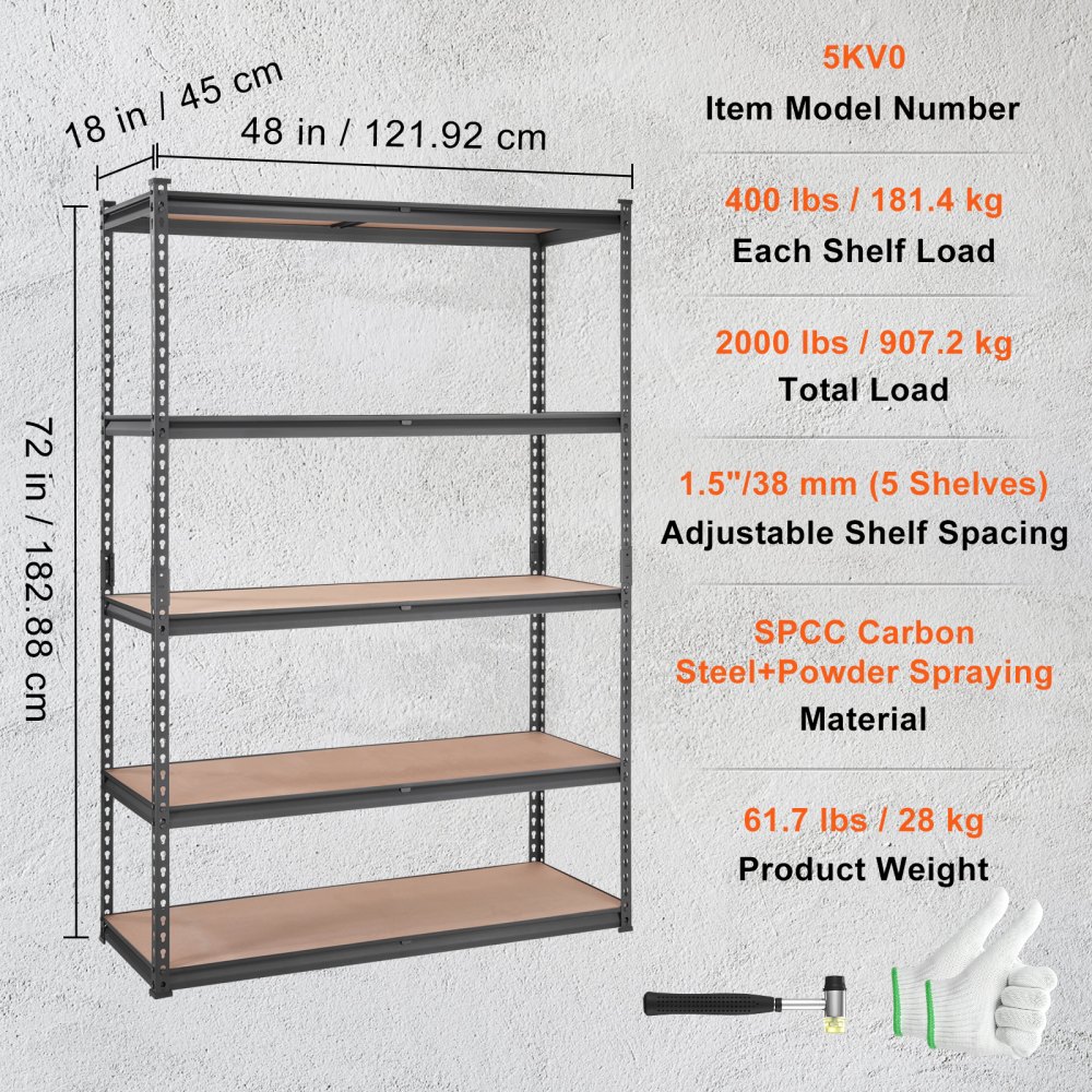 VEVOR Estantería de Almacenamiento Ajustable de 5 Niveles 121,9x45x182,9 cm Estantería Metálica de Alta Resistencia Carga 907,2 kg Estantería de Almacenamiento para Cocina Taller Sótano Baño Lavadero