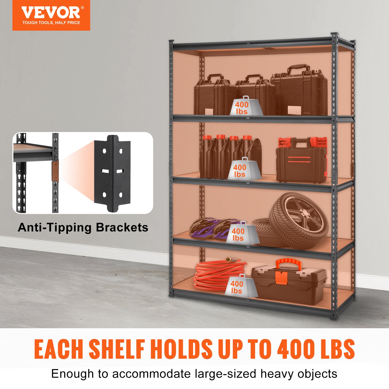 VEVOR Estantería de Almacenamiento Ajustable de 5 Niveles 121,9x45x182,9 cm Estantería Metálica de Alta Resistencia Carga 907,2 kg Estantería de Almacenamiento para Cocina Taller Sótano Baño Lavadero
