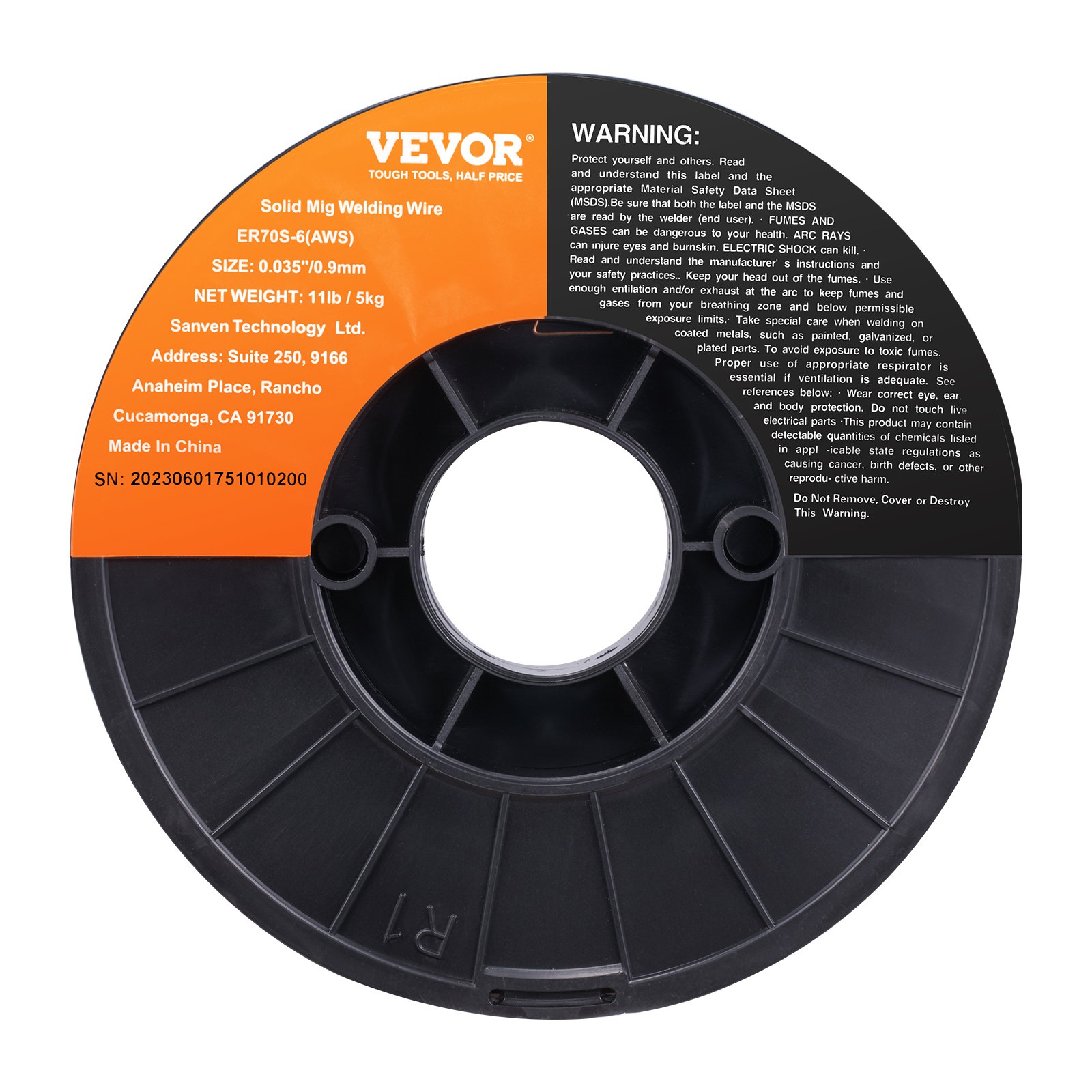 Carrete de alambre de soldadura MIG VEVOR con advertencias de seguridad, detalles del producto e información del fabricante.