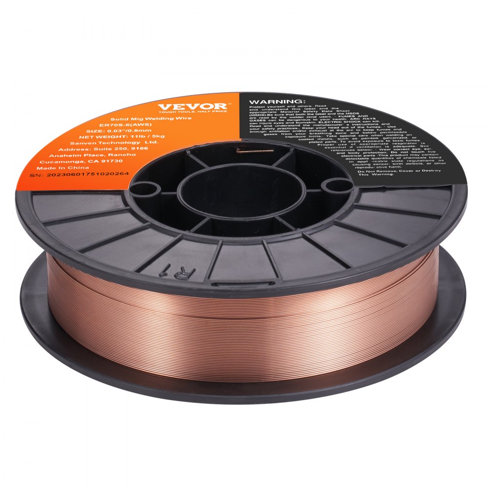 Carrete de alambre de soldadura MIG VEVOR con alambre recubierto de cobre, etiqueta naranja y base de carrete negra.