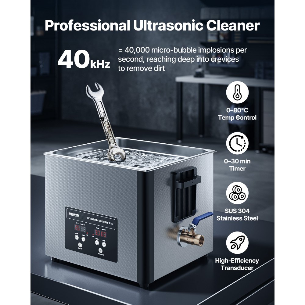 VEVOR Limpiador Ultrasónico 15 L, Máquina de Limpieza Ultrasónica Profesional con Cesta de Limpieza y Pantalla Digital, Acero Inoxidable, 240 W y 40 kHz, para Piezas, Carburadores e Instrumentos