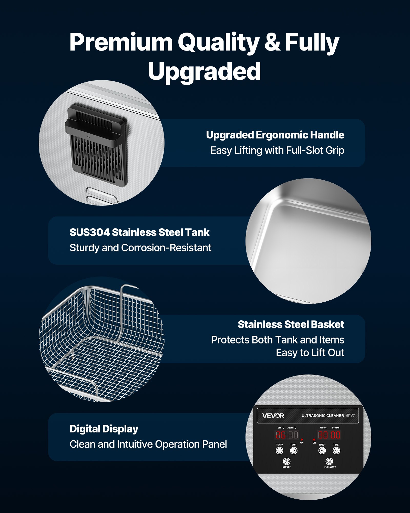 VEVOR Limpiador Ultrasónico 15 L, Máquina de Limpieza Ultrasónica Profesional con Cesta de Limpieza y Pantalla Digital, Acero Inoxidable, 240 W y 40 kHz, para Piezas, Carburadores e Instrumentos