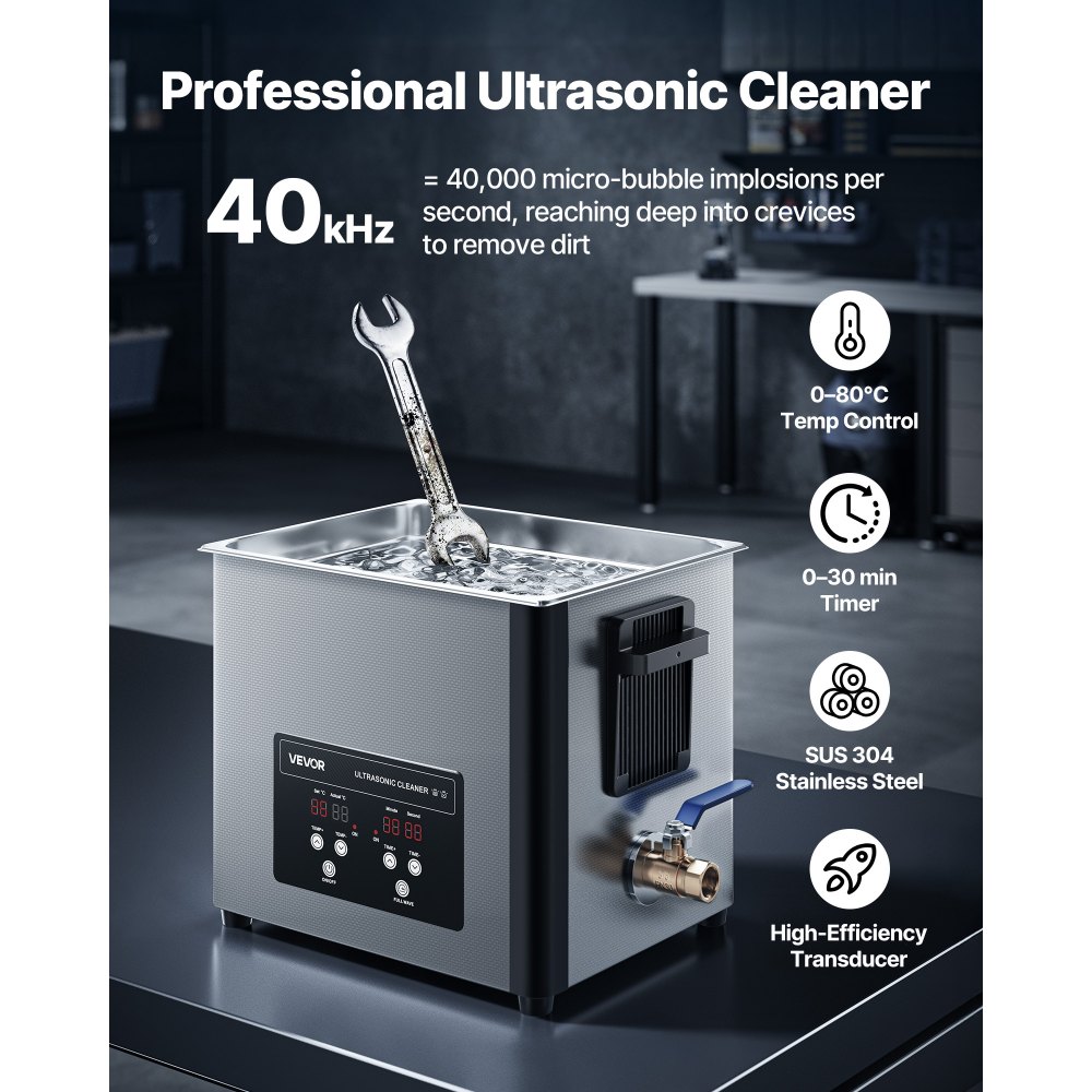 VEVOR Limpiador Ultrasónico 10 L, Máquina de Limpieza Ultrasónica Profesional con Cesta de Limpieza y Pantalla Digital, Acero Inoxidable, 180 W y 40 kHz, para Piezas, Carburadores e Instrumentos